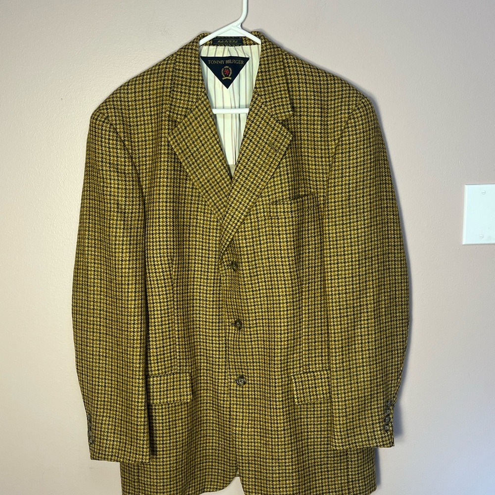 Vintage Tommy Hilfiger Men's Yellow and Brown Checkered Tweed Blazer